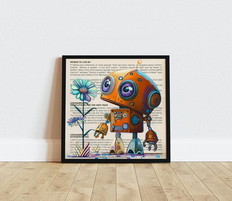 Puede incluir: Una ilustraci&oacute;n colorida de un robot con ojos grandes y expresivos, de pie junto a una flor. El robot est&aacute; hecho de metal y tiene un color naranja oxidado. El fondo es una p&aacute;gina de un libro con texto sobre palabras para vivir y resoluciones para el nuevo a&ntilde;o.