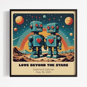 Impresión artística personalizada de pareja de robots retro: arte robótico personalizado para un regalo único de aniversario o boda. imagen 3