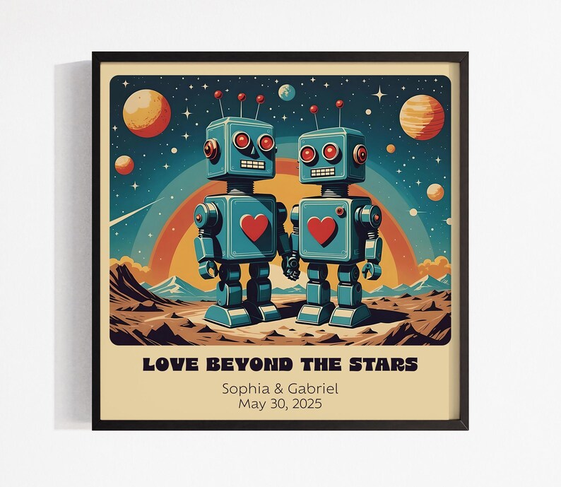 Impresión artística personalizada de pareja de robots retro: arte robótico personalizado para un regalo único de aniversario o boda. imagen 3