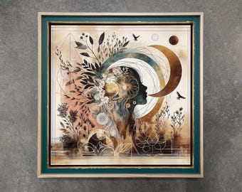 Mystic Bloom Female Silhouette Hand-Framed Print, Moon Garden Geometric Silhouette Art, Earth Tones Decor, Handmade Art Gift, READY TO SHIP