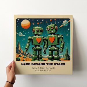Impresión artística personalizada de pareja de robots retro: arte robótico personalizado para un regalo único de aniversario o boda. B - Green