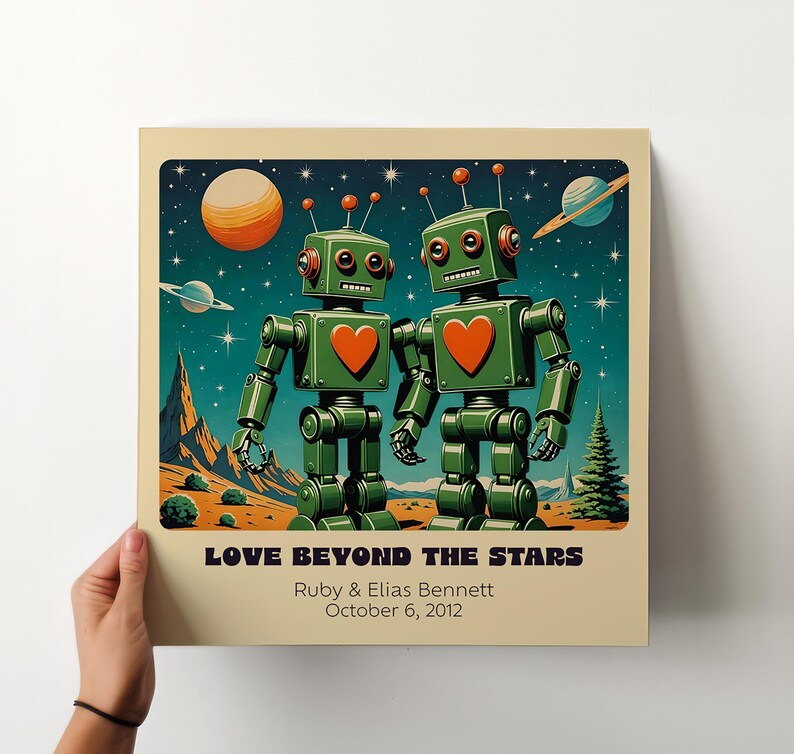 Impresión artística personalizada de pareja de robots retro: arte robótico personalizado para un regalo único de aniversario o boda. B - Green