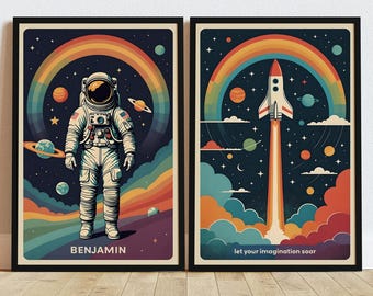 Personalized Kids Retro Space Prints, Customizable Wall Art, Kids Bedroom Décor, Vintage Astronaut Rocket Nursery Art, Unframed Art Poster