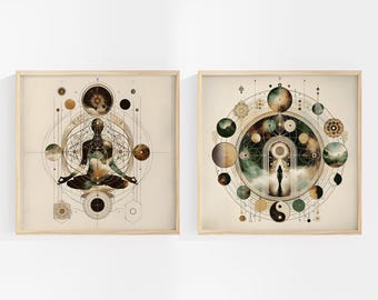 Celestial Meditation Prints, Spiritual Wall Décor, Cosmic Energy Art, Mindfulness Zen Print Set, Mystical Artwork, Set of 2 Unframed Prints