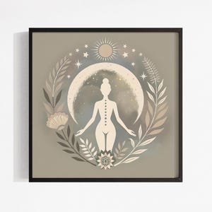 Moon Goddess Art Print: Floral Boho Meditation Print, Neutral Yoga Decor, Sacred Feminine Artwork, Self-Care Decor, Gift for Her imagem 5