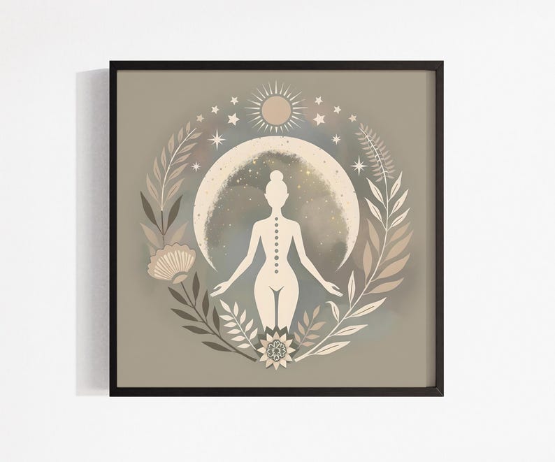 Moon Goddess Art Print: Floral Boho Meditation Print, Neutral Yoga Decor, Sacred Feminine Artwork, Self-Care Decor, Gift for Her imagem 5