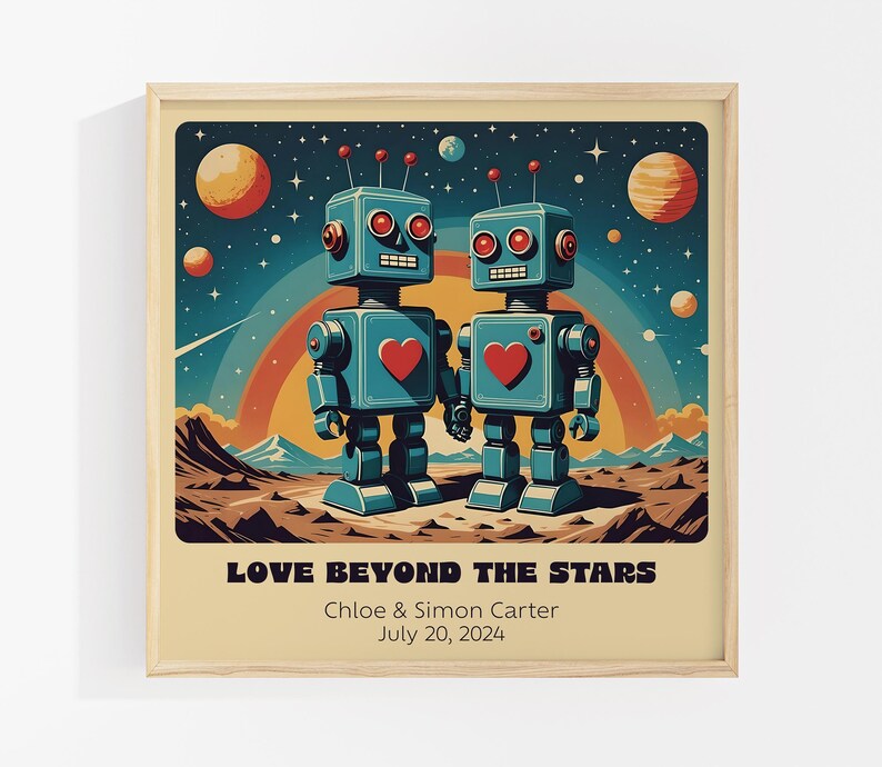 Impresión artística personalizada de pareja de robots retro: arte robótico personalizado para un regalo único de aniversario o boda. imagen 8