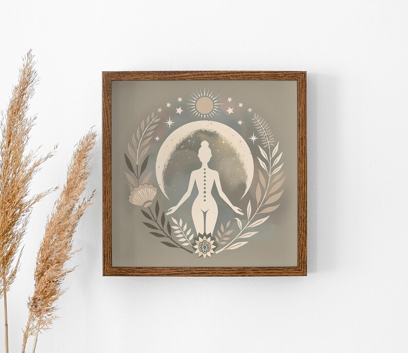 Moon Goddess Art Print: Floral Boho Meditation Print, Neutral Yoga Decor, Sacred Feminine Artwork, Self-Care Decor, Gift for Her imagem 8