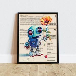 Whimsical Robot Art Print, Original Oil Painting Print, Colorful Wall Decor, Book Art, Robot with Flower, Unique Gift, Unframed Poster