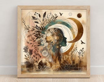 Mystic Bloom Female Silhouette Print, Moon Garden Geometric Art, Soulful Silhouette and Nature Earth Tones Art, Unframed Print
