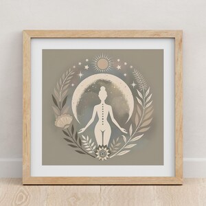 Moon Goddess Art Print: Floral Boho Meditation Print, Neutral Yoga Decor, Sacred Feminine Artwork, Self-Care Decor, Gift for Her imagem 7