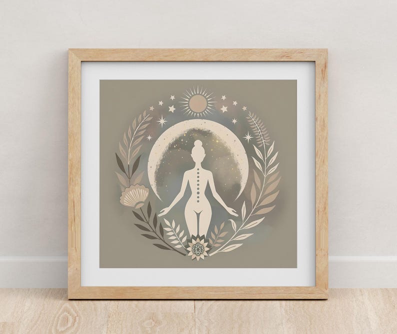 Moon Goddess Art Print: Floral Boho Meditation Print, Neutral Yoga Decor, Sacred Feminine Artwork, Self-Care Decor, Gift for Her imagem 7