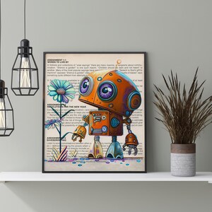 Puede incluir: Una ilustraci&oacute;n colorida de un robot con detalles naranja, azul y verde. El robot est&aacute; de pie en una p&aacute;gina con texto sobre resoluciones para el nuevo a&ntilde;o. El texto incluye las palabras "Assignments for the New Year Resolutions".