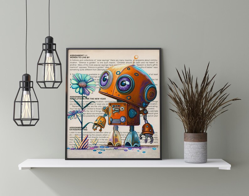 Puede incluir: Una ilustraci&oacute;n colorida de un robot con detalles naranja, azul y verde. El robot est&aacute; de pie en una p&aacute;gina con texto sobre resoluciones para el nuevo a&ntilde;o. El texto incluye las palabras "Assignments for the New Year Resolutions".