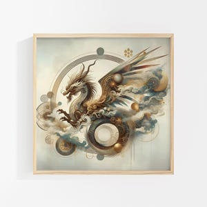 Gold and Blue Ethereal Dragon Print, Mystical Celestial Dragon Art, Cosmic Fantasy Dragon Decor, Heavenly Dragon Wall Art, Unframed Print
