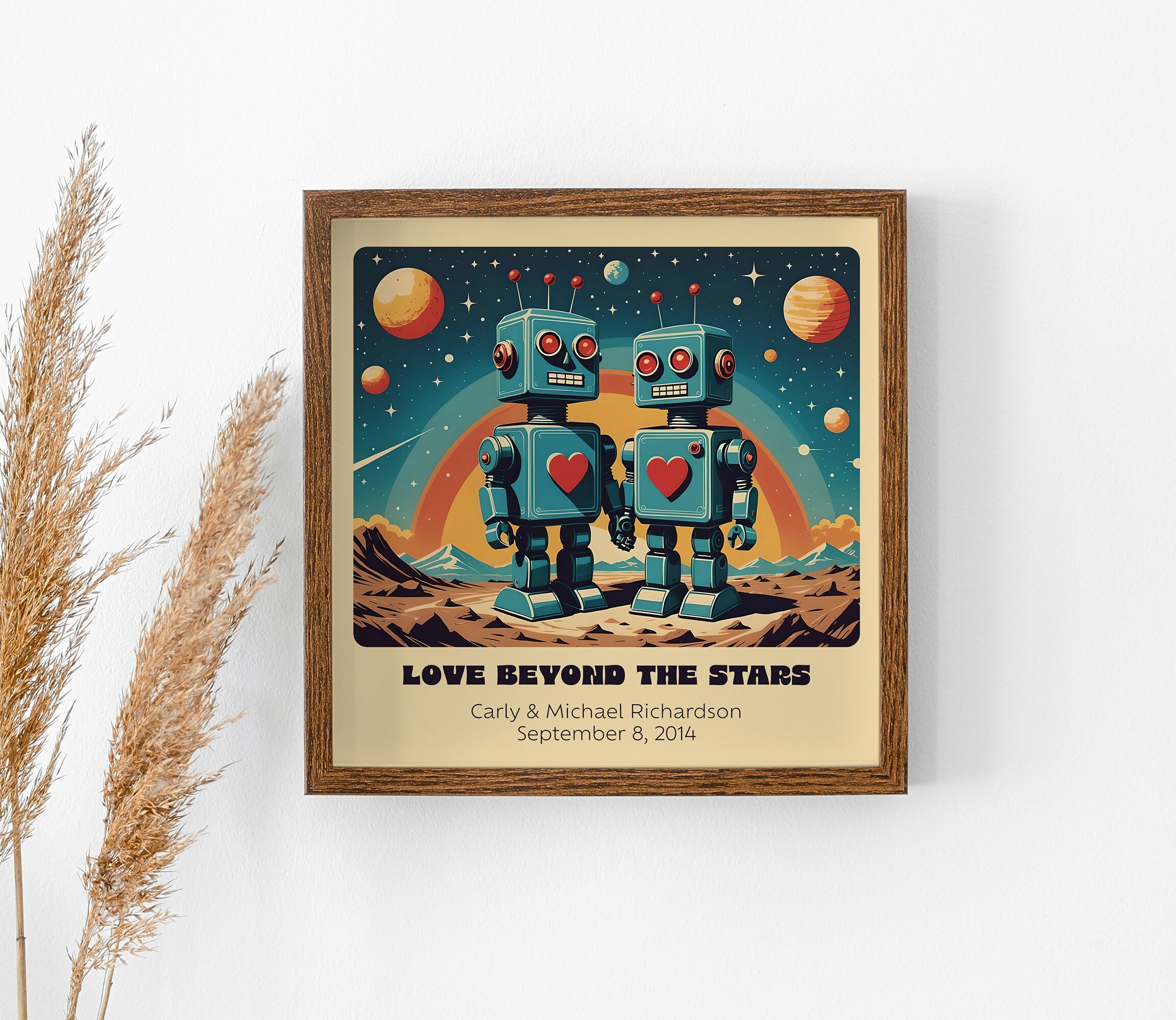 Cosmic Lovebots Custom Couple Poster Robot Art Wedding Gift Retro ...