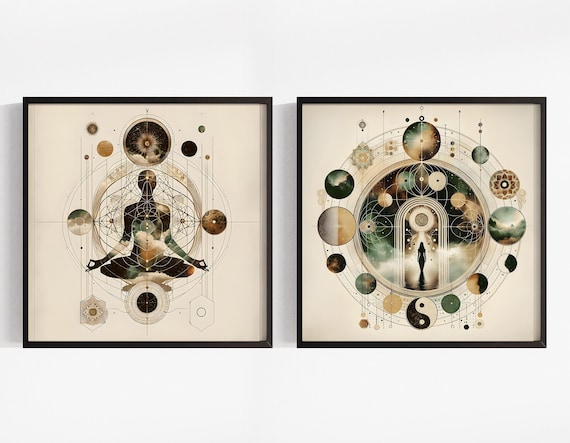 Celestial Meditation Art Prints: Mystical Wall Art Set of 2, Spiritual Awakening Art & Meditation Room Decor