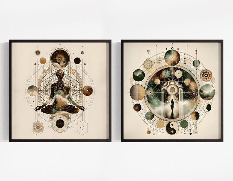 Celestial Meditation Art Prints: Mystical Wall Art Set of 2, Spiritual Awakening Art & Meditation Room Decor Both Designs