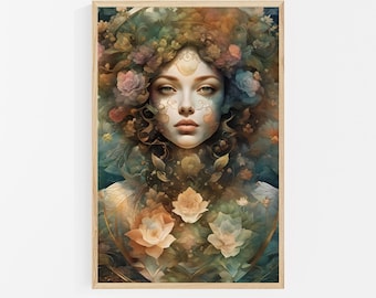 Enchanting Nature Goddess Art Print: Art Nouveau Botanical Wall Art