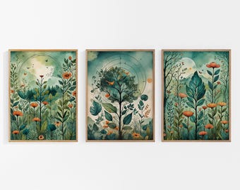 Láminas del Bosque Encantado: Trío de arte botánico caprichoso del bosque