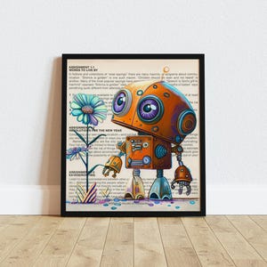 Bronze Robot Art Print, Original Oil Painting Print, Colorful Wall Decor, Book Art, Robot with Flower, Unique Gift, Unframed Poster