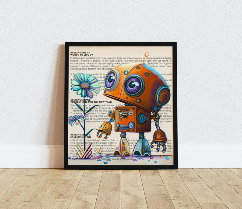 Puede incluir: Una ilustraci&oacute;n digital de un robot naranja amigable con ojos morados y una flor azul y blanca. El robot est&aacute; de pie en una p&aacute;gina de texto con las palabras "Assignments for the New Year" visibles. La imagen est&aacute; enmarcada en negro.