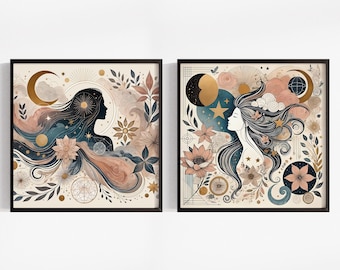 Celestial Feminine Art, Boho Spiritual Décor, Moon and Stars Female Art, Mystical Goddess Prints, Astrology Inspired Unframed Print Set