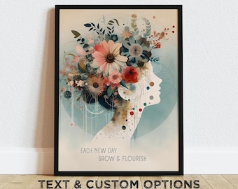 Floral Mindful Print | Empowering Female Silhouette Poster with Inspirational Quote Options | Modern Mental Wellness Decor | Unframed Print