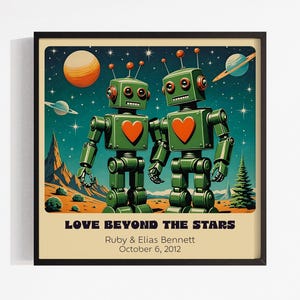 Impresión artística personalizada de pareja de robots retro: arte robótico personalizado para un regalo único de aniversario o boda. imagen 7