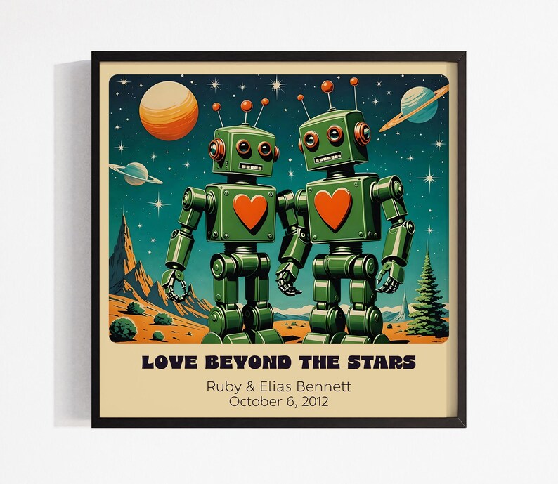 Impresión artística personalizada de pareja de robots retro: arte robótico personalizado para un regalo único de aniversario o boda. imagen 7