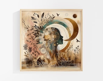 Moon Goddess Art Print: Mystic Silhouette Art with Celestial Botanical and Sacred Feminine Energy
