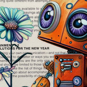 Puede incluir: Una ilustraci&oacute;n colorida de un robot con grandes ojos morados y una flor con p&eacute;talos azules, verdes y blancos. El robot es naranja y tiene un brazo azul y blanco. El texto "GNMENT 2 SOLUTIONS FOR THE NEW YEAR" es visible en la imagen.