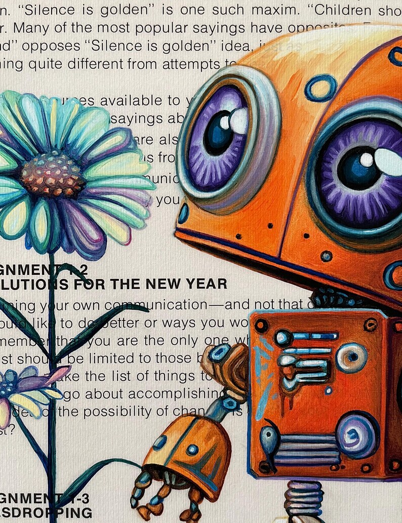 Puede incluir: Una ilustraci&oacute;n colorida de un robot con grandes ojos morados y una flor con p&eacute;talos azules, verdes y blancos. El robot es naranja y tiene un brazo azul y blanco. El texto "GNMENT 2 SOLUTIONS FOR THE NEW YEAR" es visible en la imagen.
