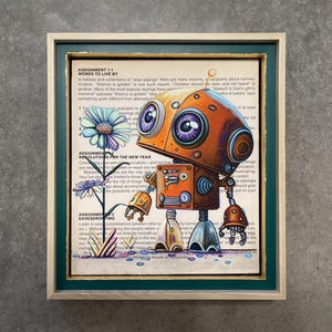 Whimsical Robot and Flower Painting, Hand-Framed Print of Original Oil Painting on Book Page, Unique Robot Art, Handmade Gift, READY TO SHIP