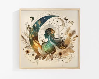 Sacred Feminine Flow Art Print: Boho Moon Goddess Art, Mystical Nature Decor, Celestial Woman Wall Art, Mystic Gift for Her