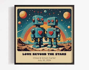Cosmic Lovebots Custom Couples Poster, Personalized Robot Art, Retro Valentine&#39;s Gift, Whimsical Wedding Decor, Custom Anniversary Print