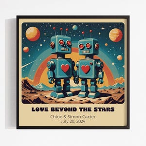 Impresión artística personalizada de pareja de robots retro: arte robótico personalizado para un regalo único de aniversario o boda. imagen 1