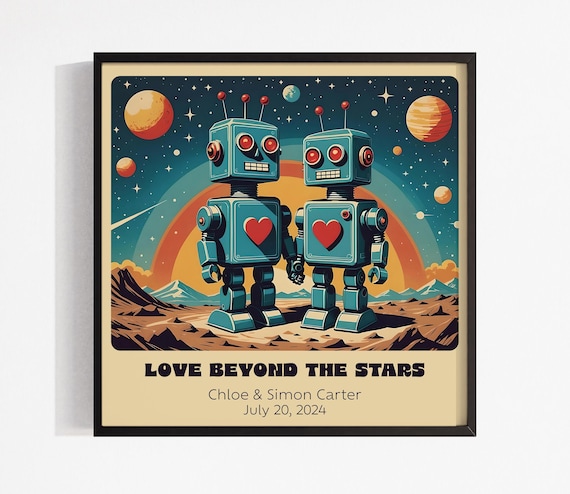 Retro Robot Custom Couple Art Print: Personalized Robot Art for a Unique Anniversary or Wedding Gift