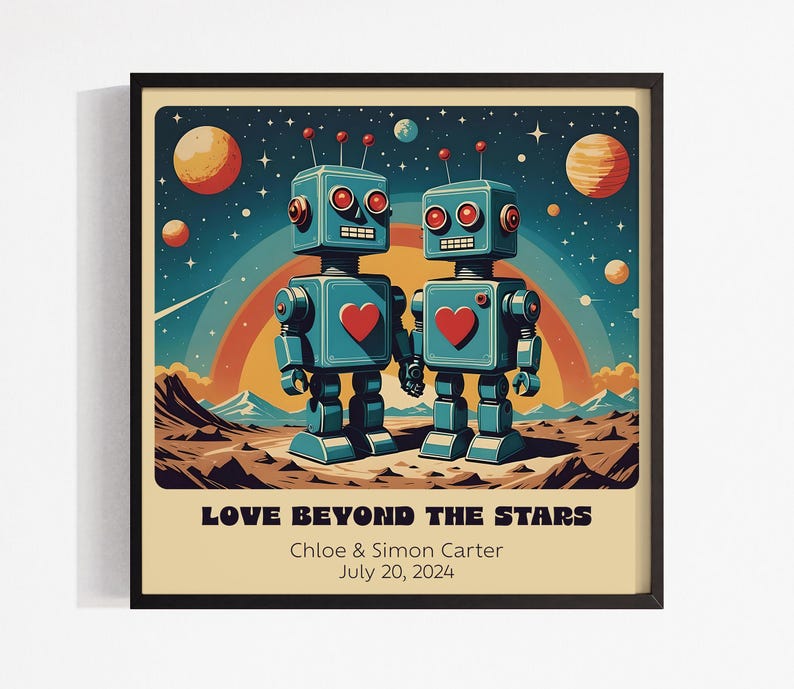 Impresión artística personalizada de pareja de robots retro: arte robótico personalizado para un regalo único de aniversario o boda. imagen 1