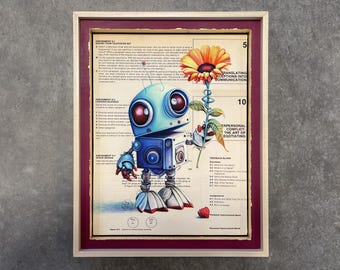 Book Page Art Framed Print: Whimsical Robot Oil Painting, Playful Wall Decor, READY TO SHIP
