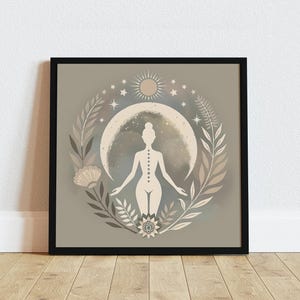 Moon Goddess Art Print: Floral Boho Meditation Print, Neutral Yoga Decor, Sacred Feminine Artwork, Self-Care Decor, Gift for Her imagem 2