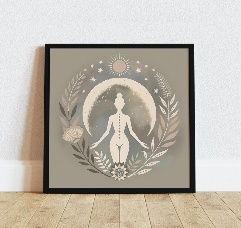 Moon Goddess Art Print: Floral Boho Meditation Print, Neutral Yoga Decor, Sacred Feminine Artwork, Self-Care Decor, Gift for Her imagem 2
