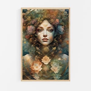 Enchanting Floral Goddess Art Print: Earth Tones Ethereal Art, Garden Muse Botanical Print, Mystical Boho Maiden