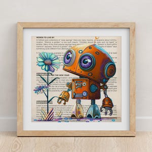 Puede incluir: Una ilustraci&oacute;n colorida de un robot sosteniendo una flor. El robot es naranja y azul con ojos morados. La flor es rosa, azul y verde. El fondo es una p&aacute;gina de un libro con texto sobre palabras para vivir y resoluciones para el nuevo a&ntilde;o.