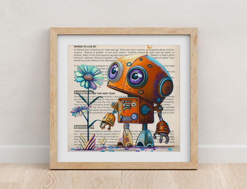 Puede incluir: Una ilustraci&oacute;n colorida de un robot sosteniendo una flor. El robot es naranja y azul con ojos morados. La flor es rosa, azul y verde. El fondo es una p&aacute;gina de un libro con texto sobre palabras para vivir y resoluciones para el nuevo a&ntilde;o.