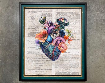 Colorful Heart with Flowers Painting, Hand-Framed Print of Original Oil Painting on Book Pages, Nurse Gift, Handmade Art Gift, READY TO SHIP