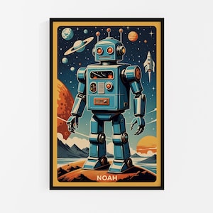Personalized Retro Robot Print: Customizable Wall Art, Kids Bedroom Decor, Vintage Robot Poster, Robot Art