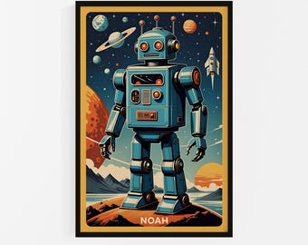 Personalized Retro Robot Print: Customizable Wall Art, Kids Bedroom Decor, Vintage Robot Poster, Robot Art