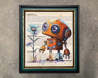 Whimsical Robot and Flower Painting, Hand-Framed Print of Original Oil Painting on Book Page, Unique Robot Art, Handmade Gift, READY TO SHIP
