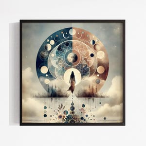 Puede incluir: Una impresión de arte mural cuadrada y enmarcada que presenta la silueta central de una persona frente a un gran mandala celestial circular. El diseño incorpora fases lunares, patrones geométricos, nubes y elementos florales en tonos azules y marrones.